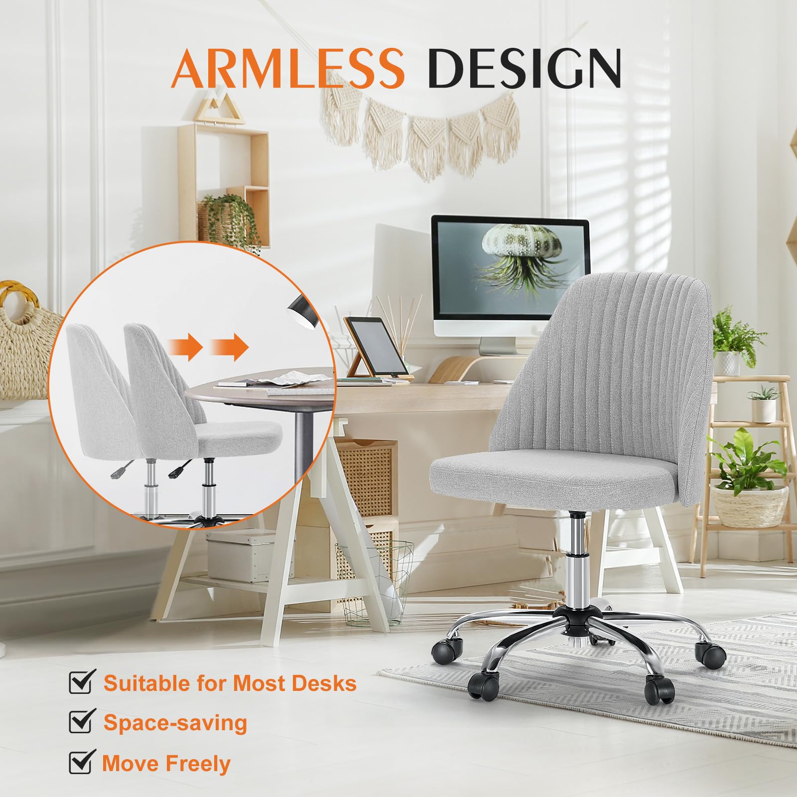 Sweetcrispy chair with smooth wheels eases rolling between tasks.