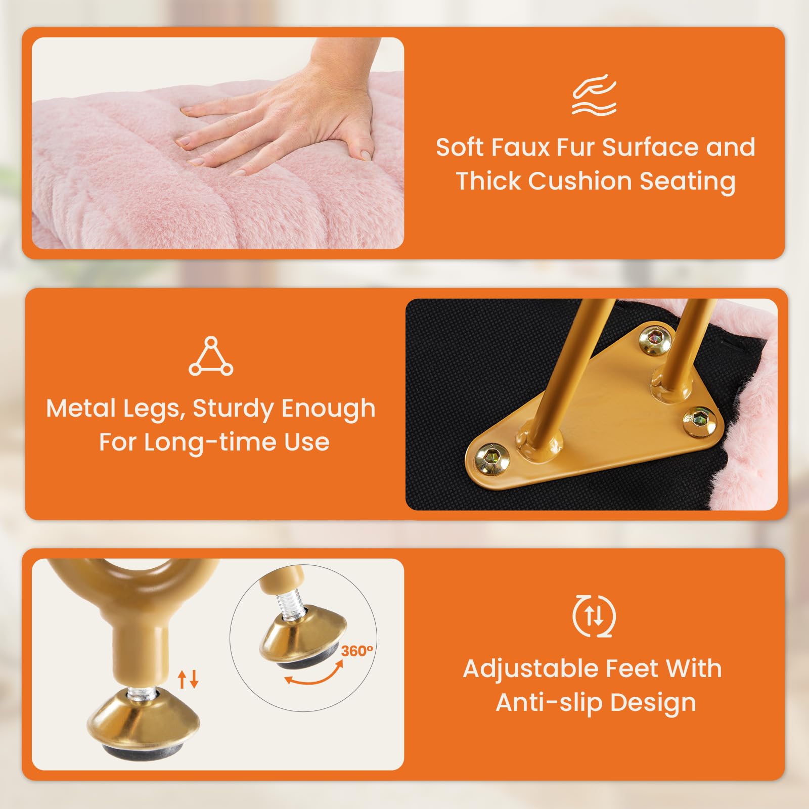 Sweetcrispy vanity stool offers 360° swivel and adjustable height for versatility.