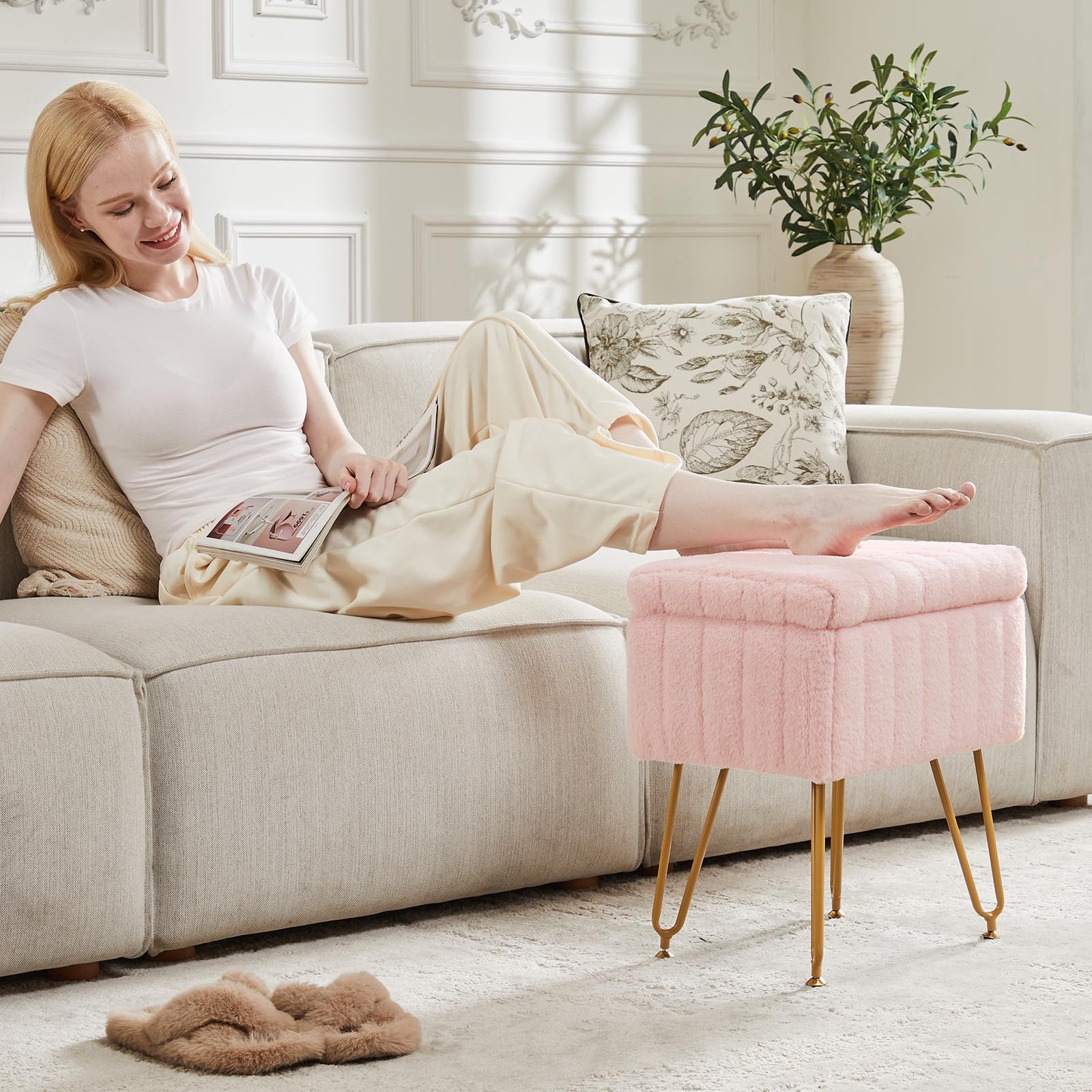 Sweetcrispy vanity stool available in white, pink, and grey colors.