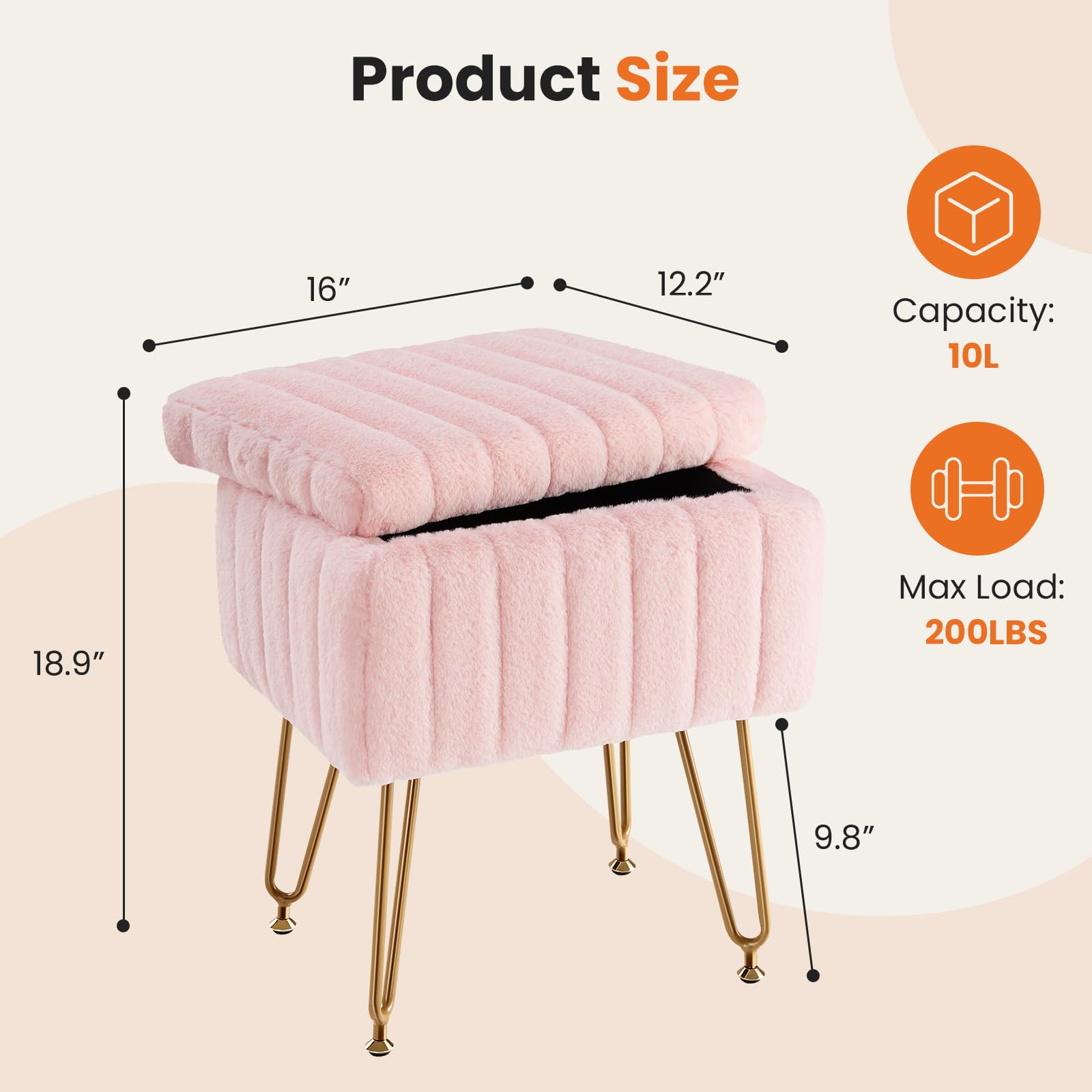 Sweetcrispy vanity stool dimensions 18.9 inches by 16 inches by 12.2 inches.