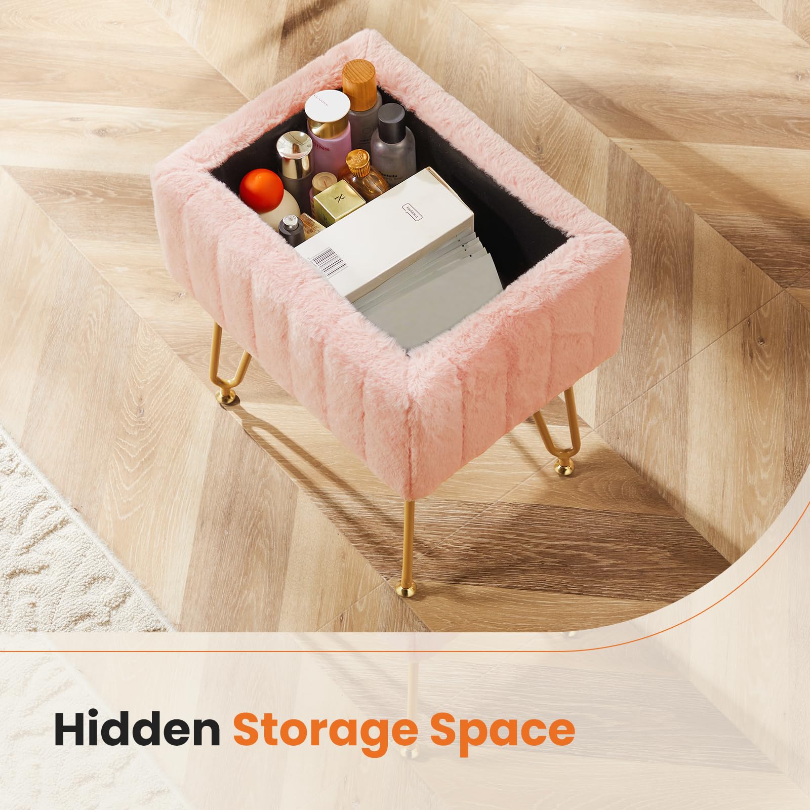 Sweetcrispy vanity stool with four gold-finish legs for stability.