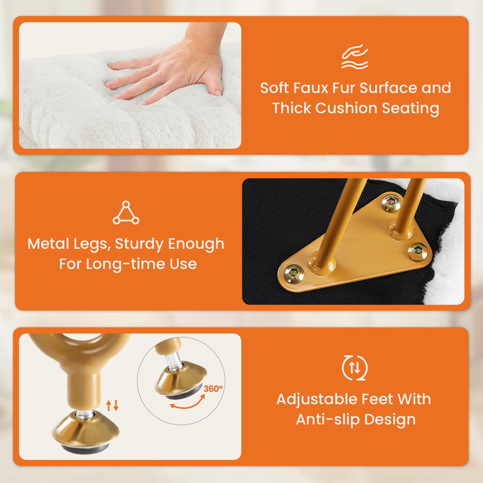 Sweetcrispy vanity stool with gold metal legs provides sturdy, stylish support.