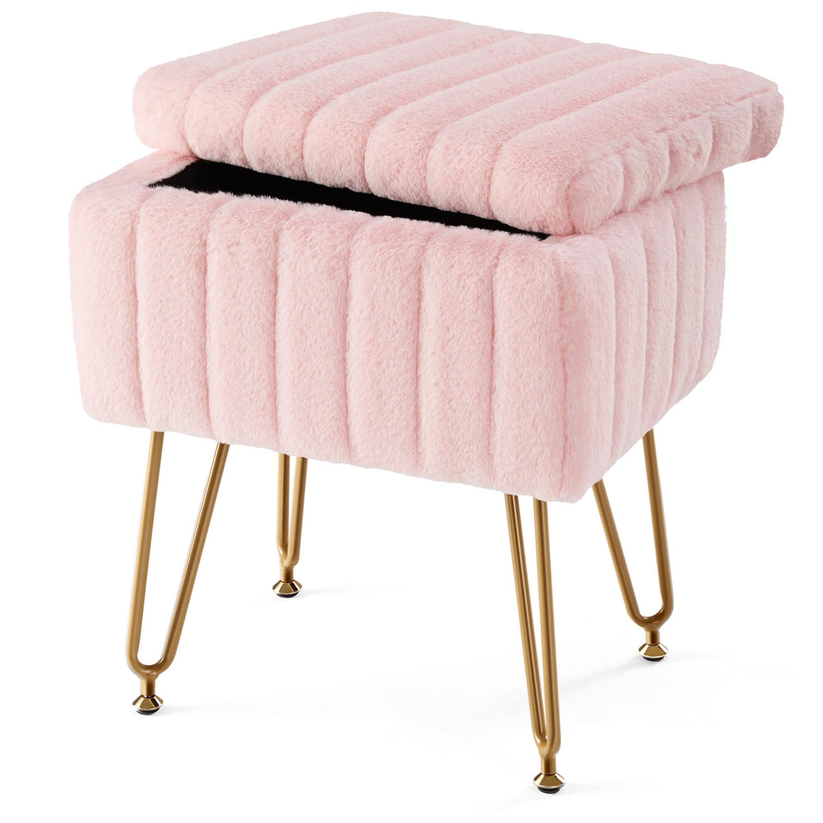 Sweetcrispy vanity stool with hidden storage for cosmetics and accessories.