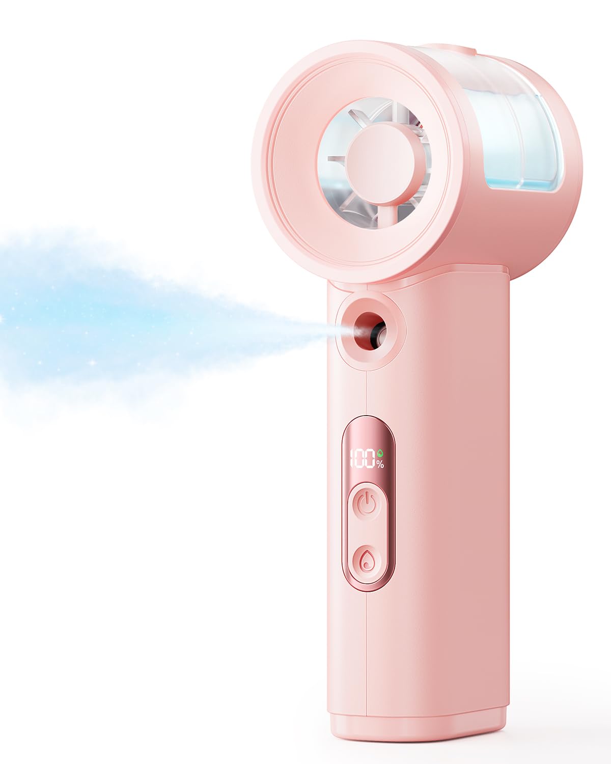 Sweetfull handheld misting fan pink front view for quick cooling on the go