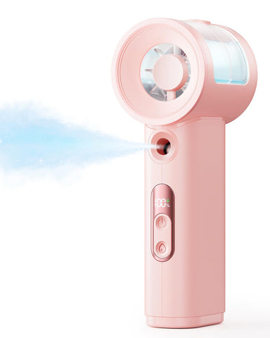 Sweetfull handheld misting fan pink front view for quick cooling on the go