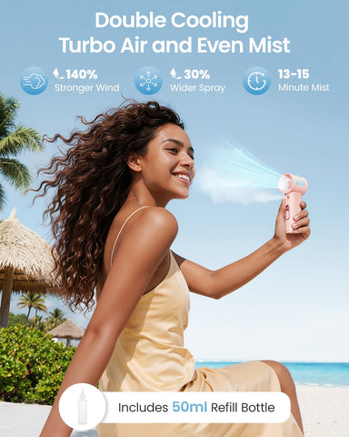 Sweetfull handheld misting fan pink side angle showing compact size