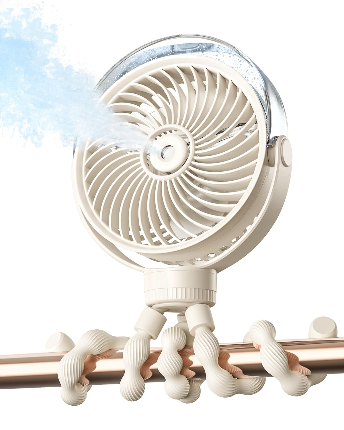 SWEETFULL Misting Stroller Fan beige beside a stroller for on-the-go cooling.