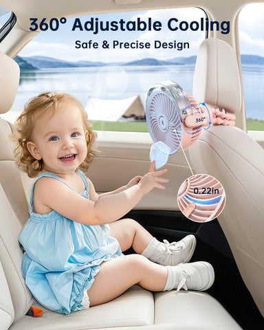 Sweetfull Misting Stroller Fan pink beach-ready scenario for travel cooling.