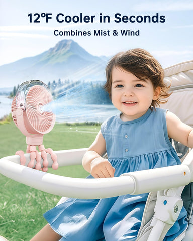 Sweetfull Misting Stroller Fan pink mist output for outdoor comfort.