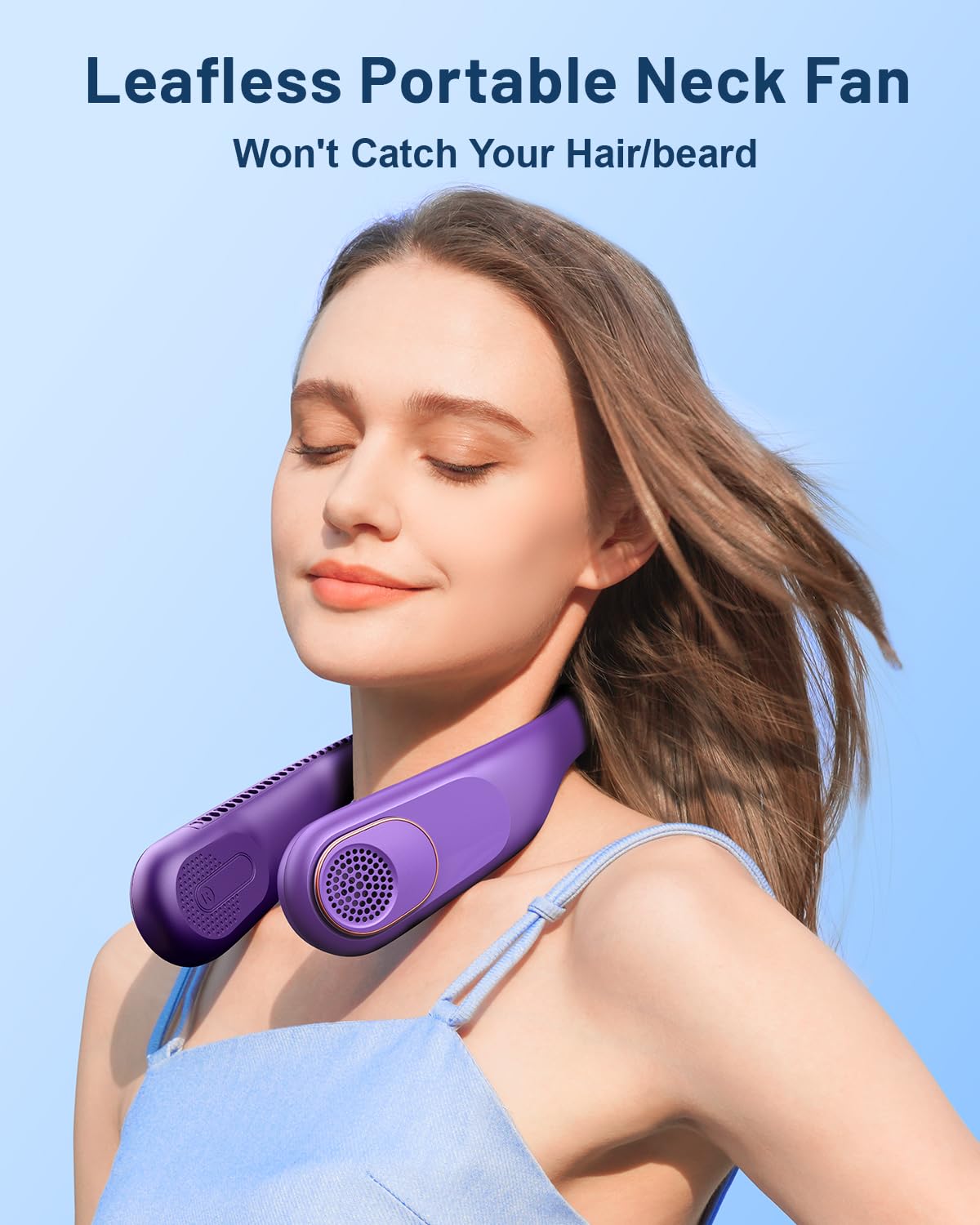 SWEETFULL neck fan worn around neck shows hands-free cooling.