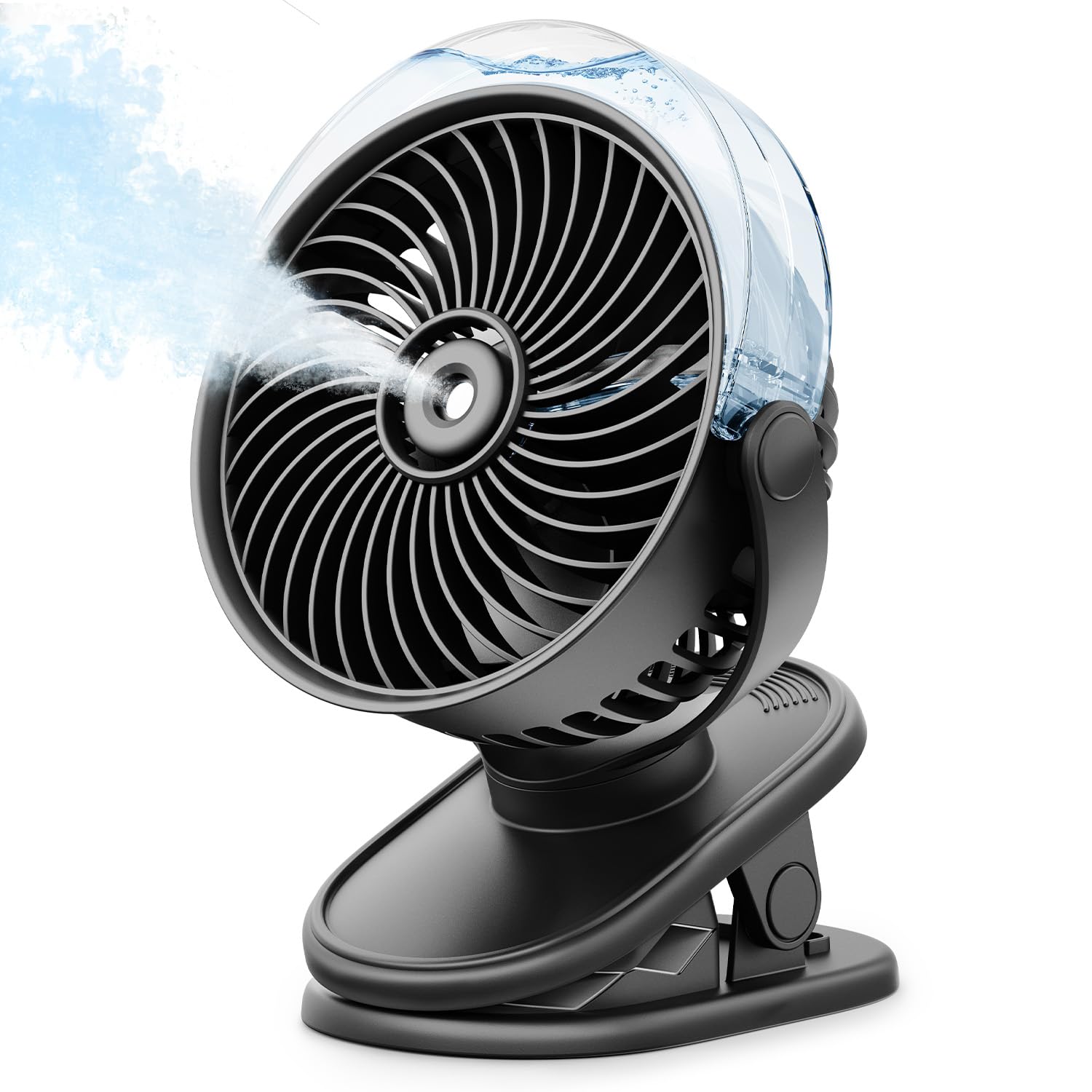 SWEETFULL desk setup with misting clip-on fan delivering a refreshing breeze.