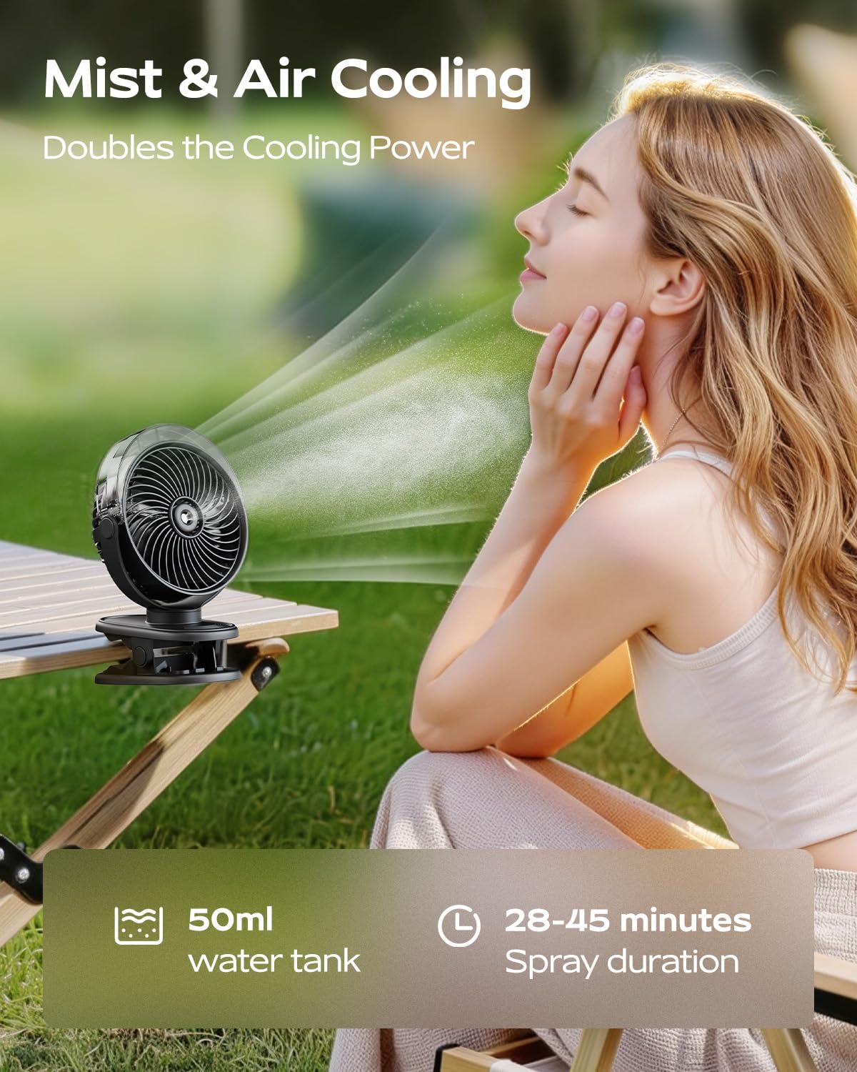 SWEETFULL clip-on fan attached to a stroller for cooling on the go.