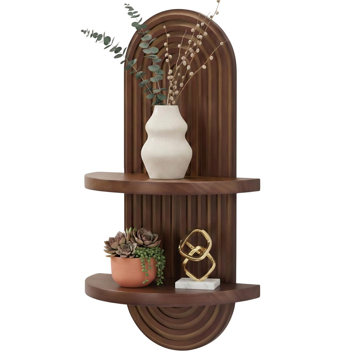 SweetSage arch wall shelf in walnut for stylish display and sturdy storage.