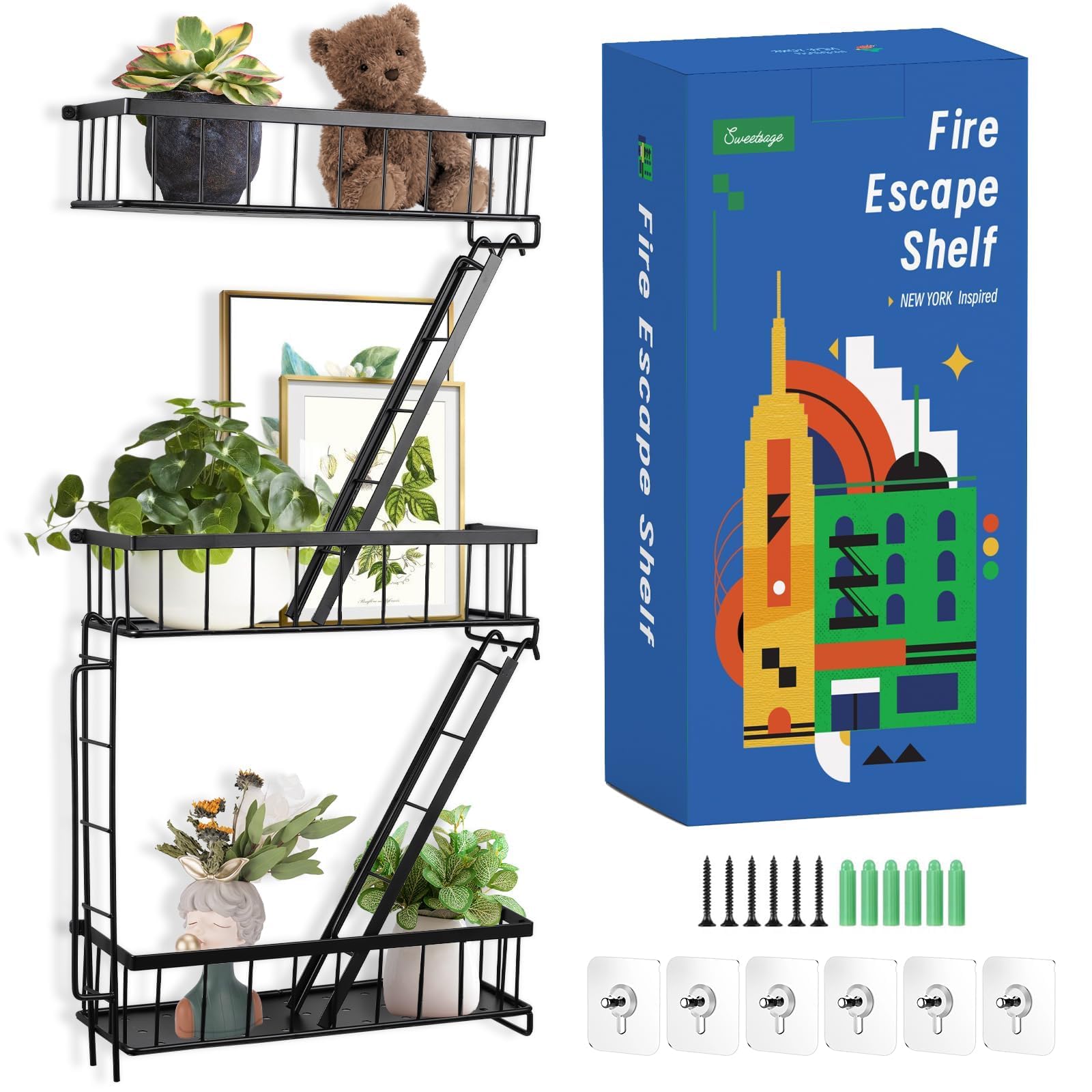 SweetSage Fire Escape Shelf 3-tier wall mount for compact storage and stylish display.