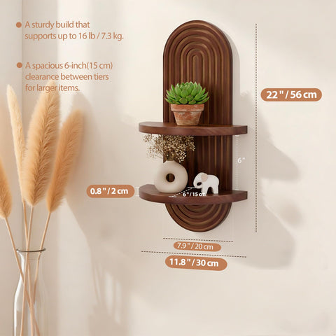 SweetSage floating shelf with two shelves stores plants and keepsakes.