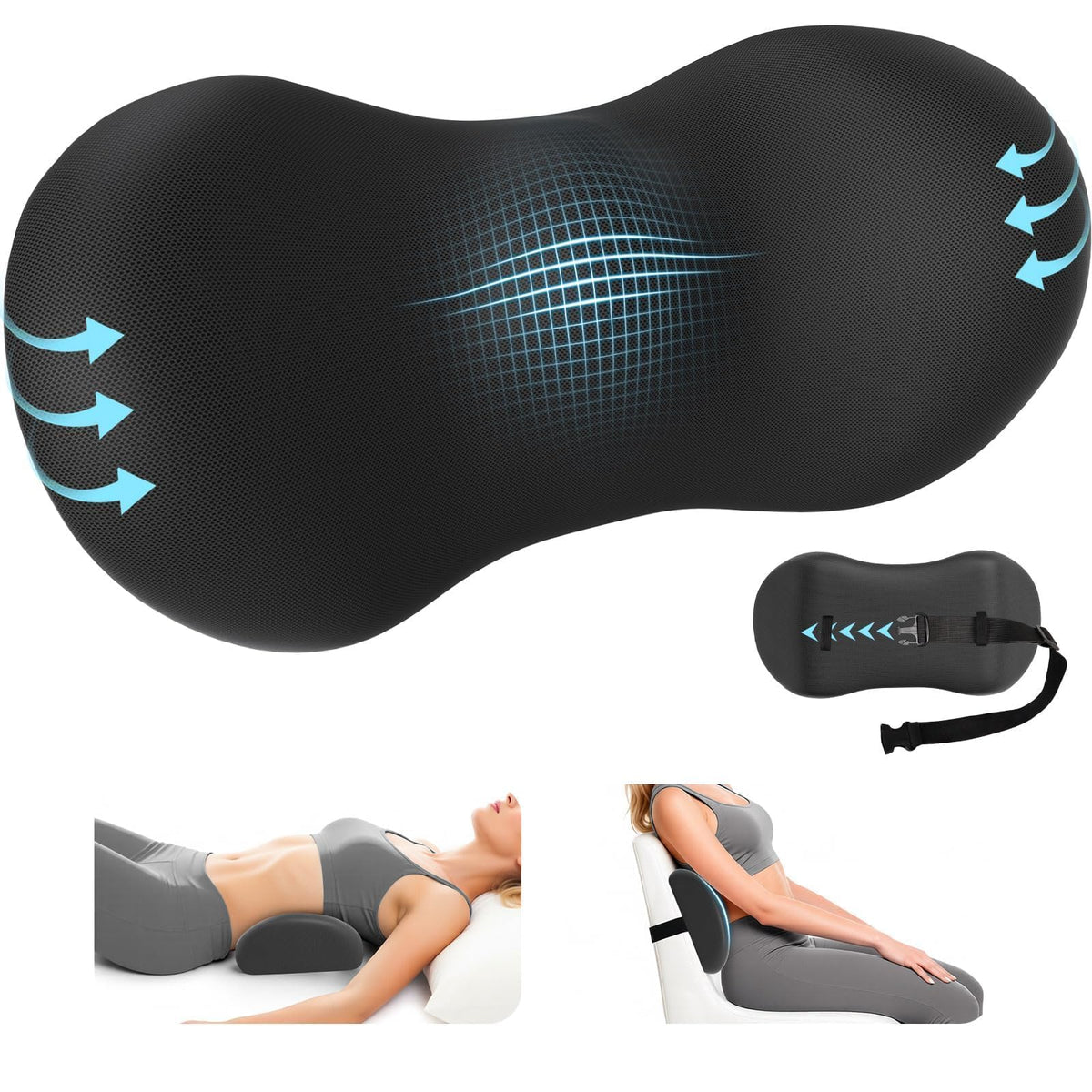 SweetSlubr lumbar support pillow on an office chair improving back alignment and comfort.