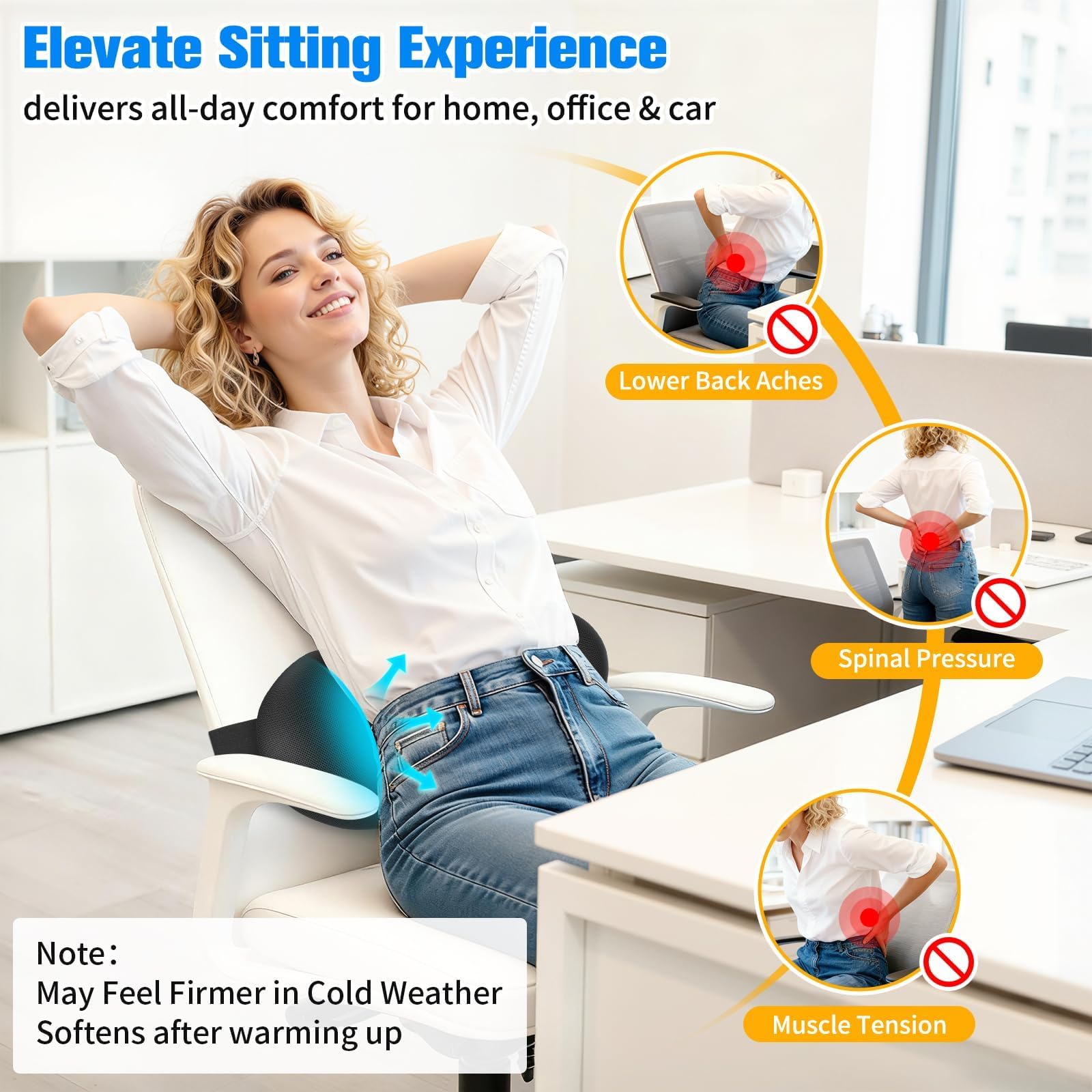 SweetSlubr memory-foam lumbar pillow demonstrates durable support for long workdays.