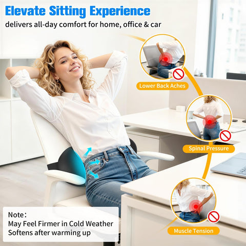 SweetSlubr memory-foam lumbar pillow demonstrates durable support for long workdays.