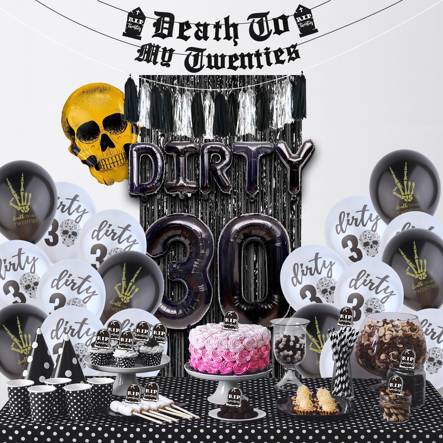Swept giant skull balloon anchors a memorable themed celebration