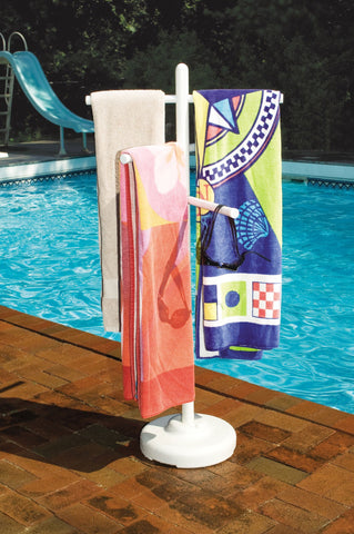 Swimline HydroTools 89032 three-arm towel rack keeps towels organized and within reach.