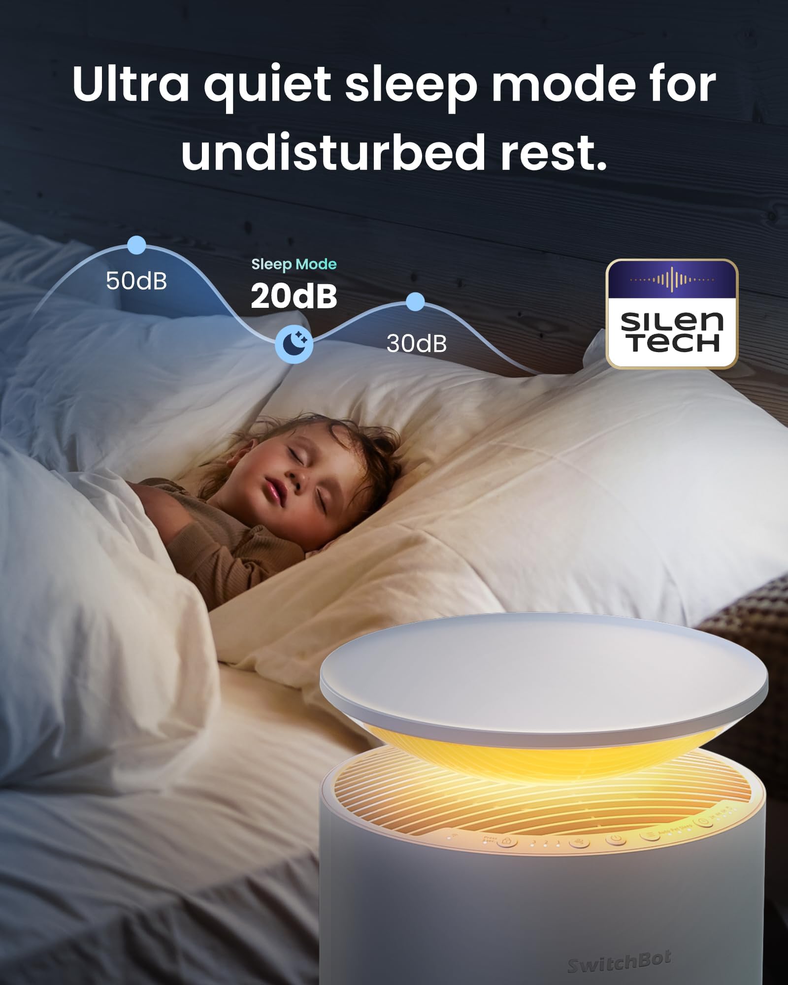 SwitchBot Air Purifier four-color air quality indicator with ambient lighting.