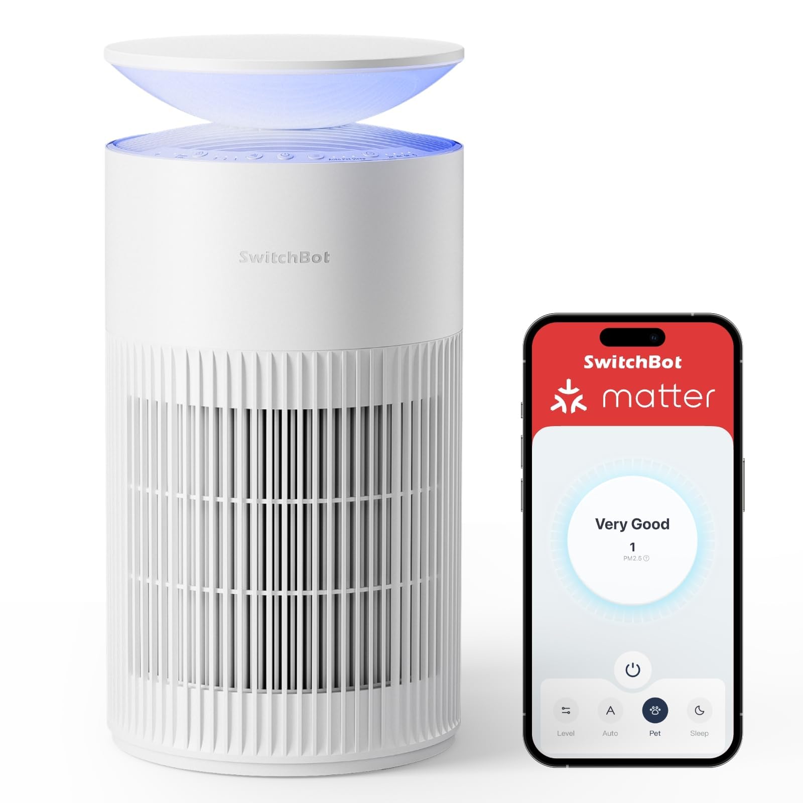SwitchBot Air Purifier in a large room, front view for quick air improvement.