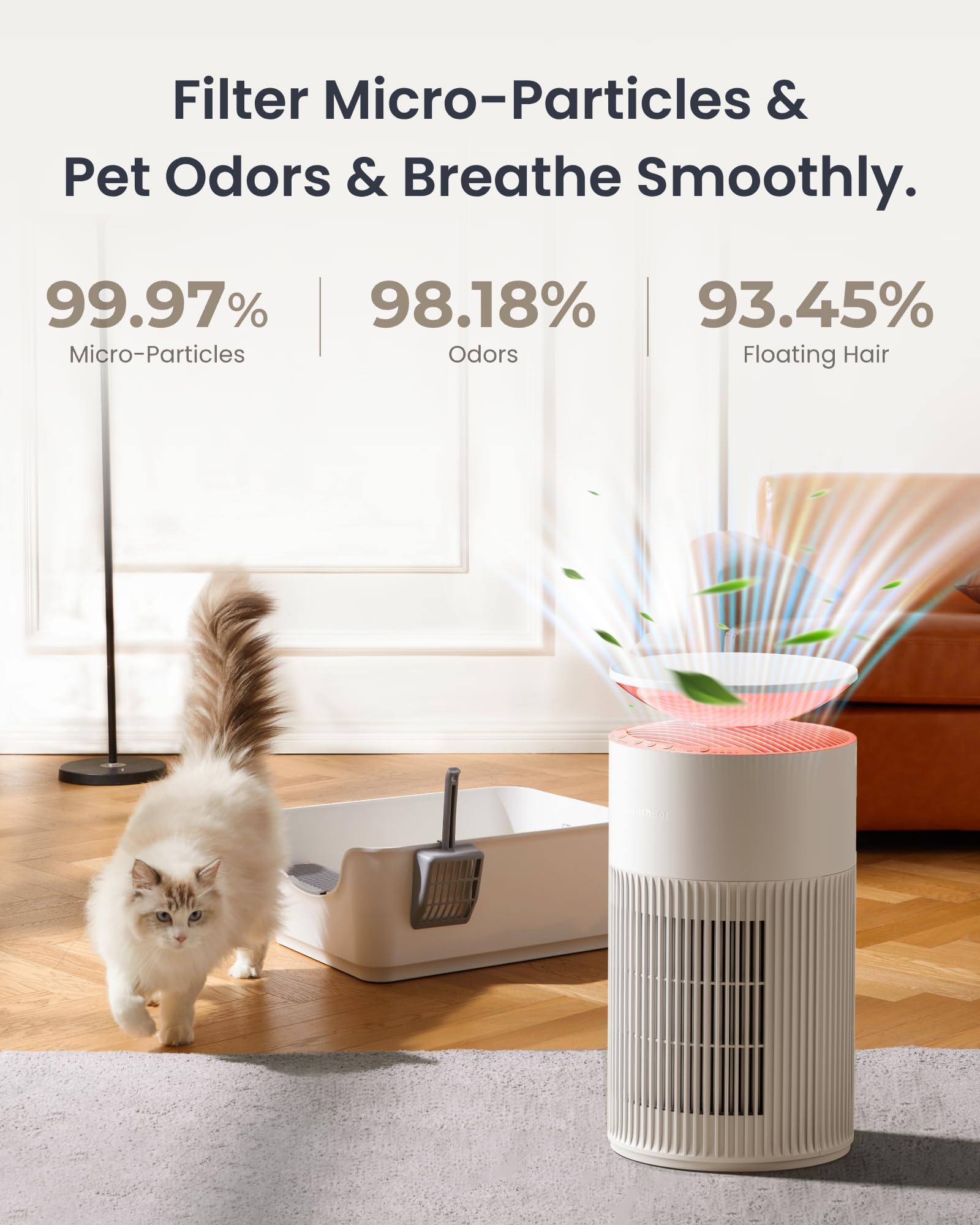 SwitchBot Air Purifier Pet mode boosts intake to capture pet hair.