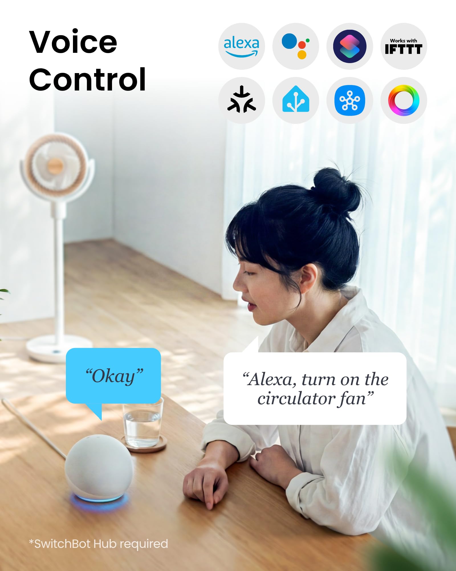 90-degree oscillation and 100-degree tilt for broad airflow.