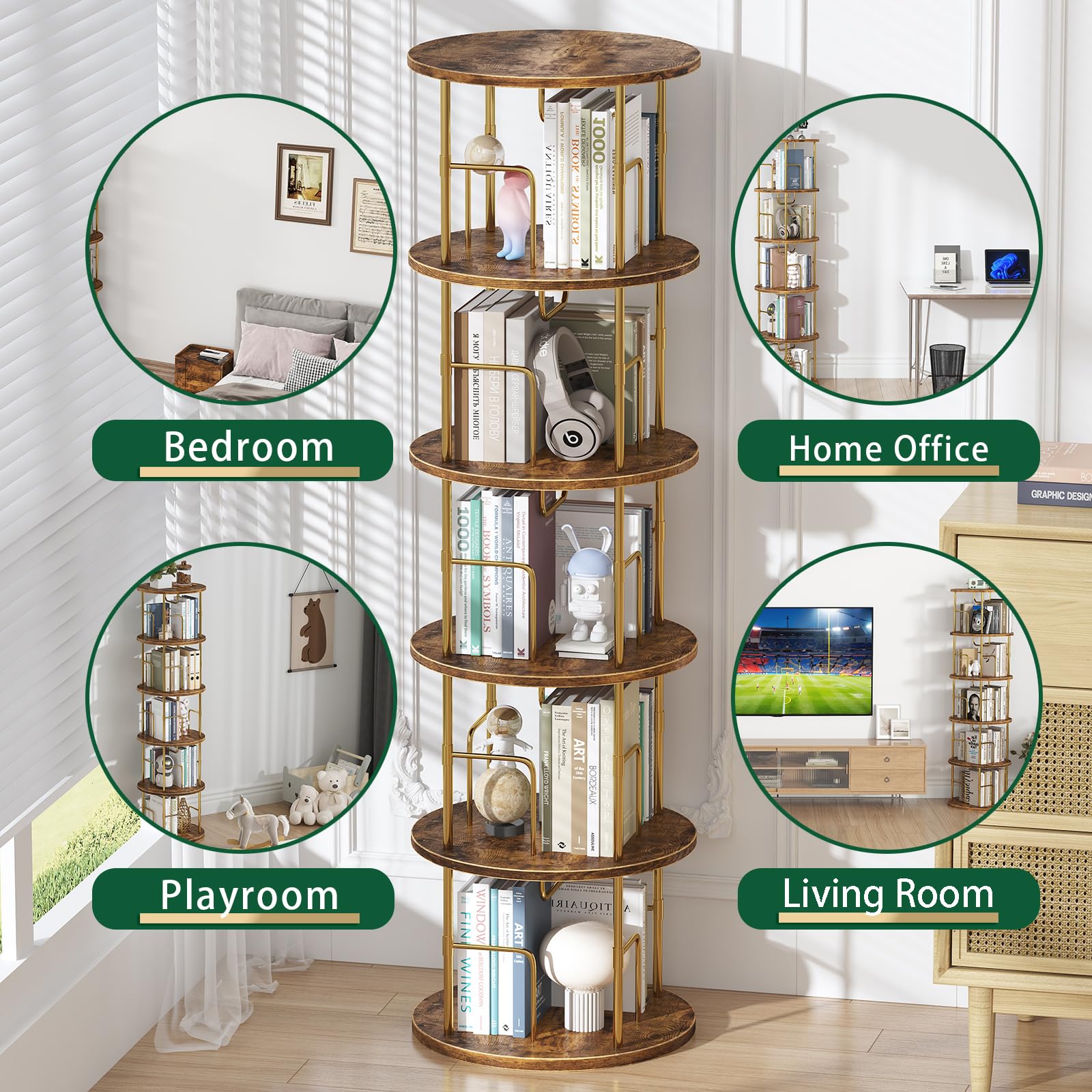 Swlongbooks 5Tier rotating bookshelf durable MDF and metal frame for long-lasting organization