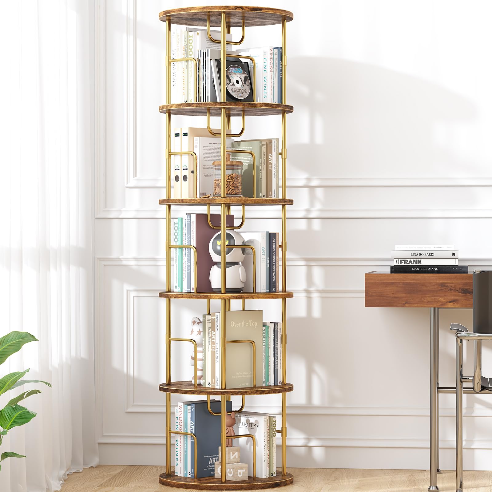 Swlongbooks 5Tier rotating bookshelf front view highlights the gold round design for stylish storage