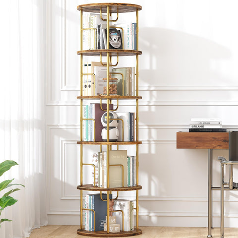 Swlongbooks 5Tier rotating bookshelf front view highlights the gold round design for stylish storage
