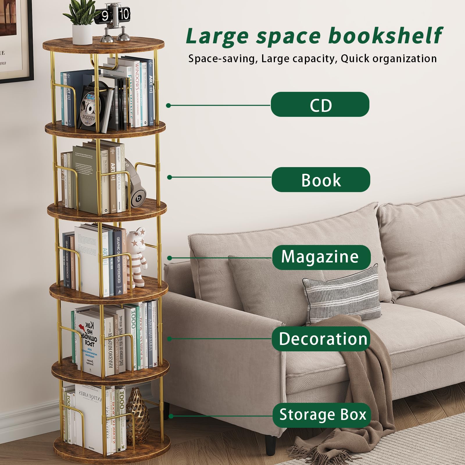 Swlongbooks 5Tier rotating bookshelf height 62 inches fits tall spaces while saving floor area