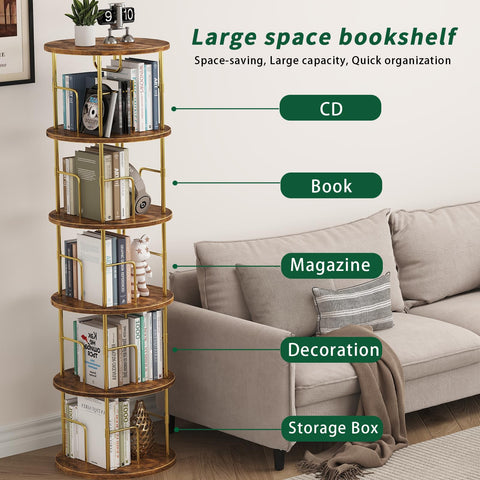 Swlongbooks 5Tier rotating bookshelf height 62 inches fits tall spaces while saving floor area