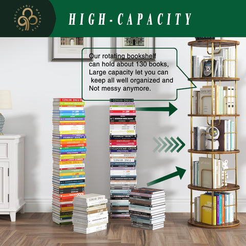 Swlongbooks 5Tier rotating bookshelf round base emphasizes sturdy construction for tall corner storage