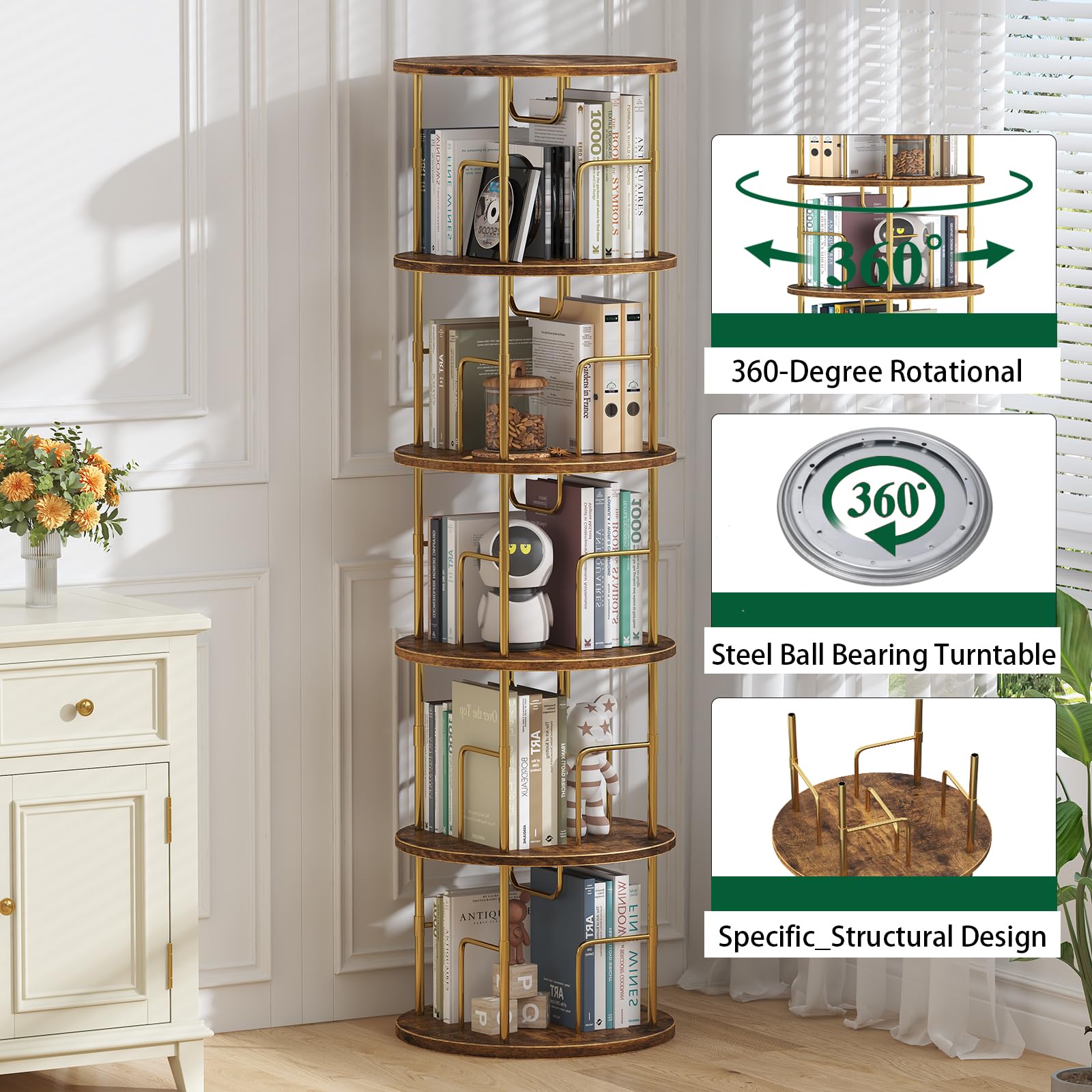 Swlongbooks 5Tier rotating bookshelf tall corner shot showing height and vertical footprint