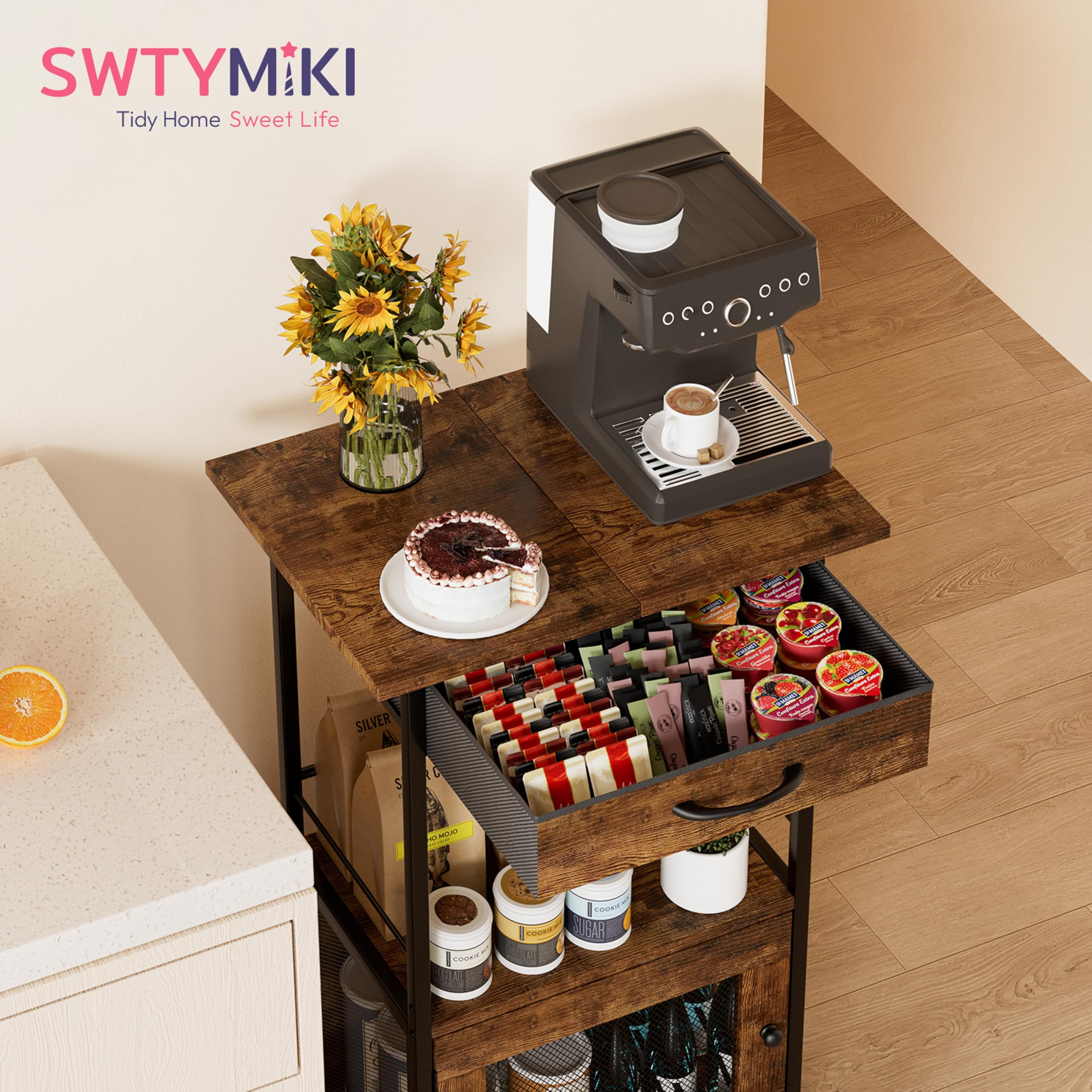 Swtymi Buffets microwave-storage surface for quick meal prep.
