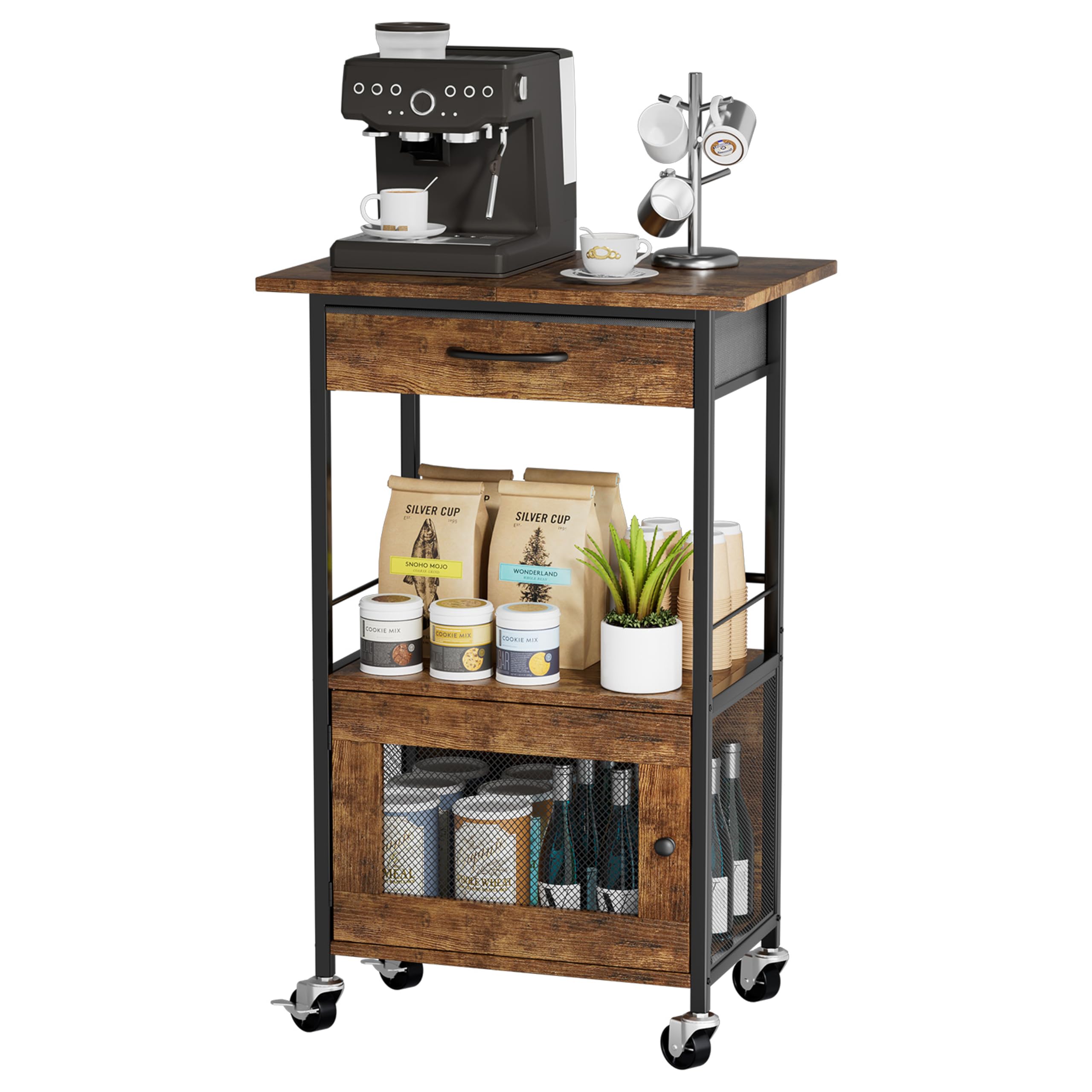 Swtymi Buffets coffee bar rolling cart for easy mobility.