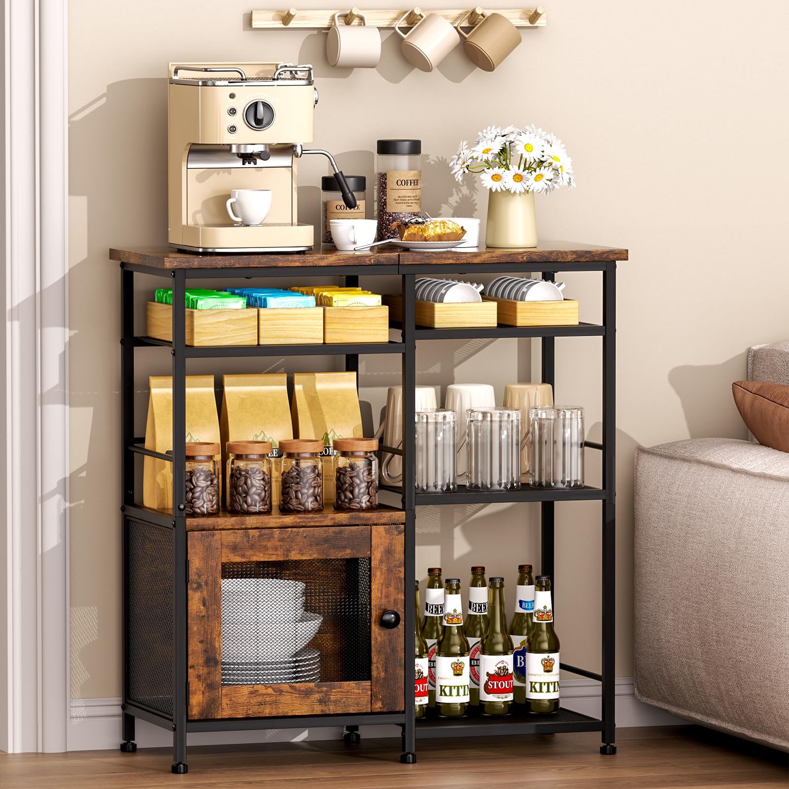 SWTYMIKI Coffee Bar Station with mesh shelf for organized mugs and accessories.