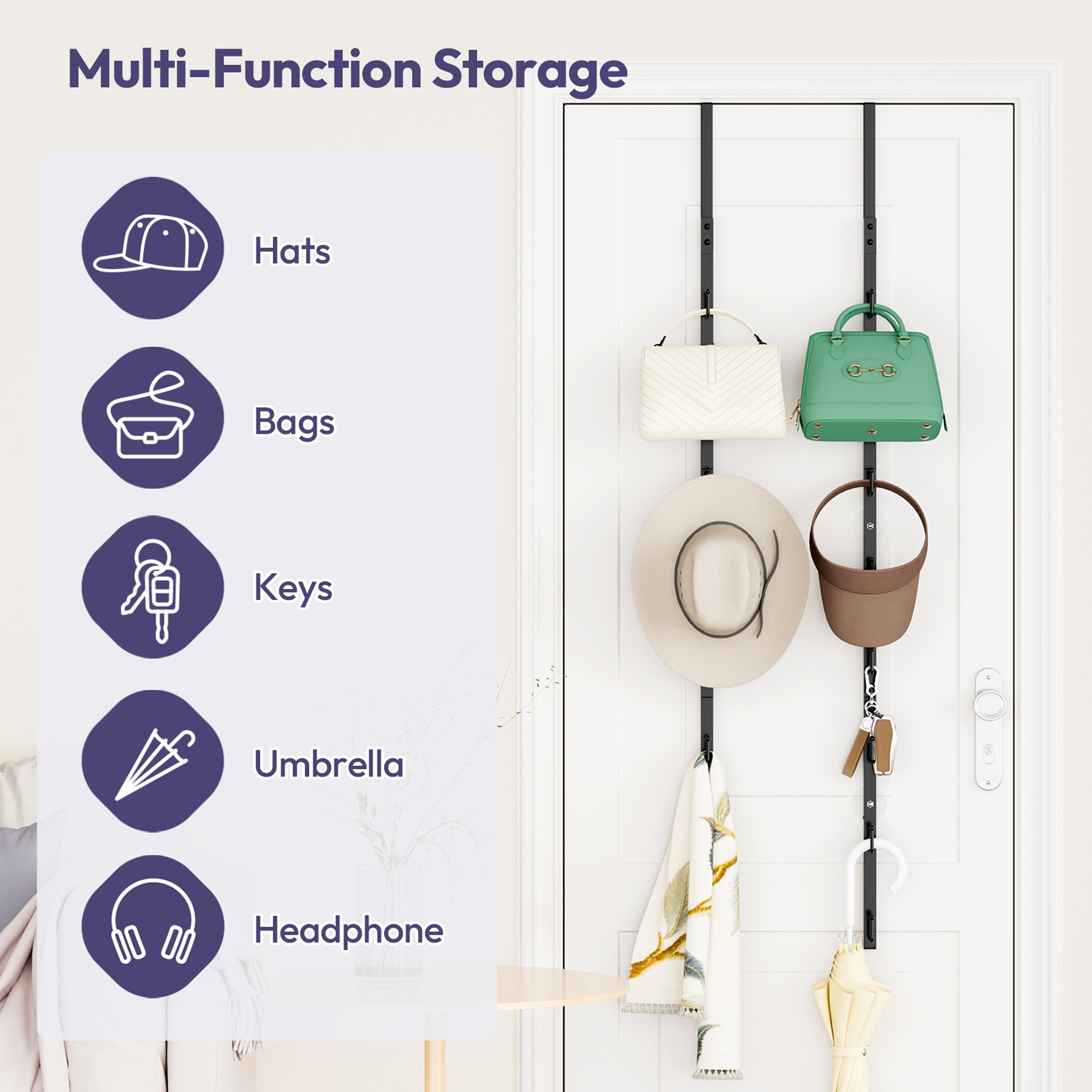 SWTYMIKI door hanging bag rack in a bedroom closet keeps essentials within reach.