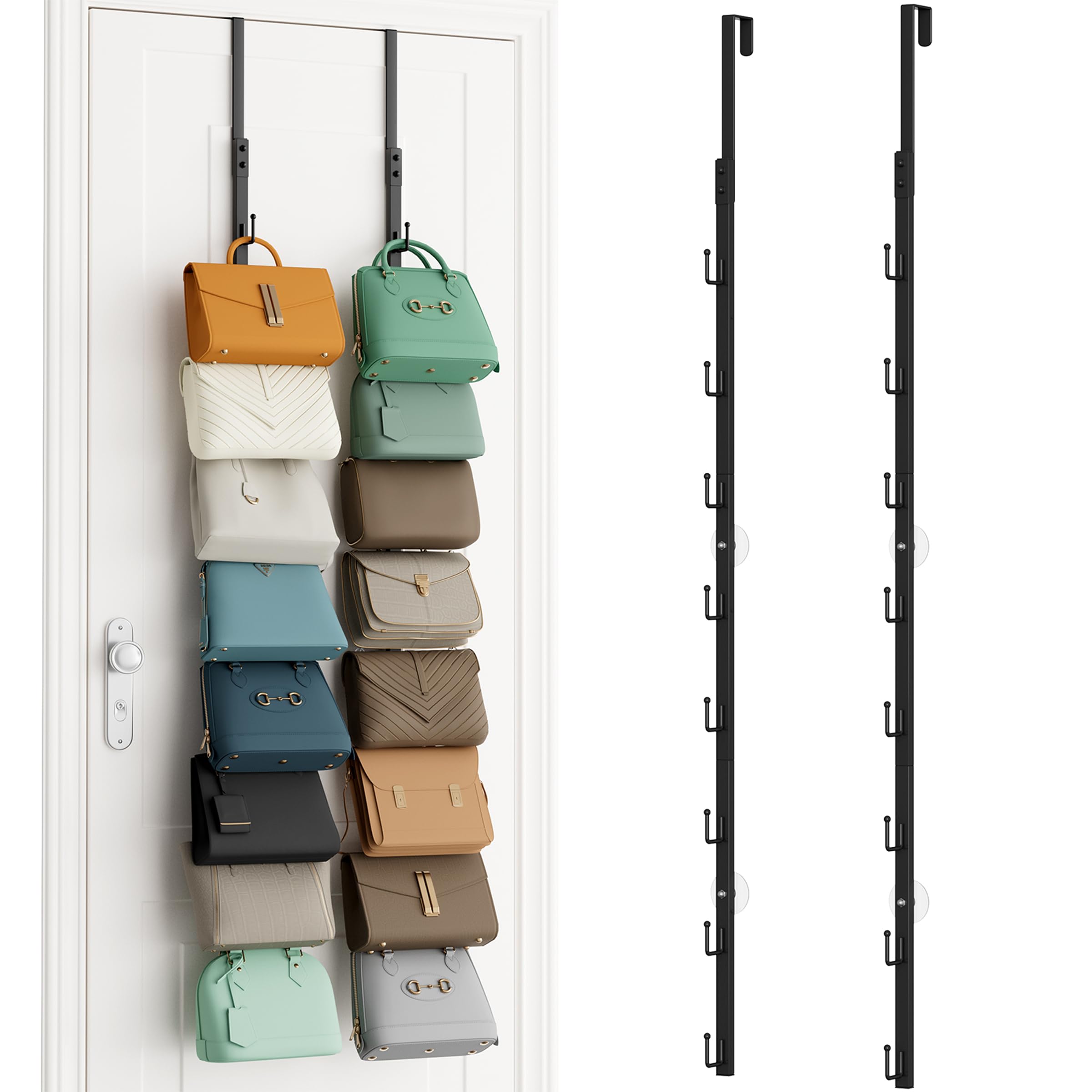 SWTYMIKI over-the-door purse organizer with 8 hooks keeps handbags neatly accessible.