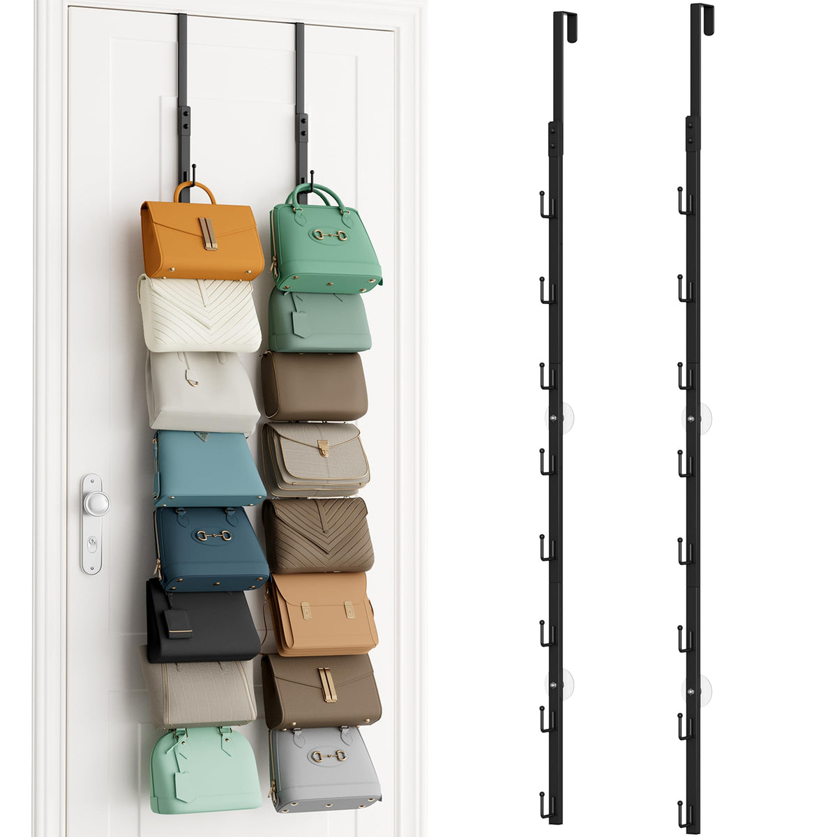 SWTYMIKI over-the-door purse organizer with 8 hooks keeps handbags neatly accessible.