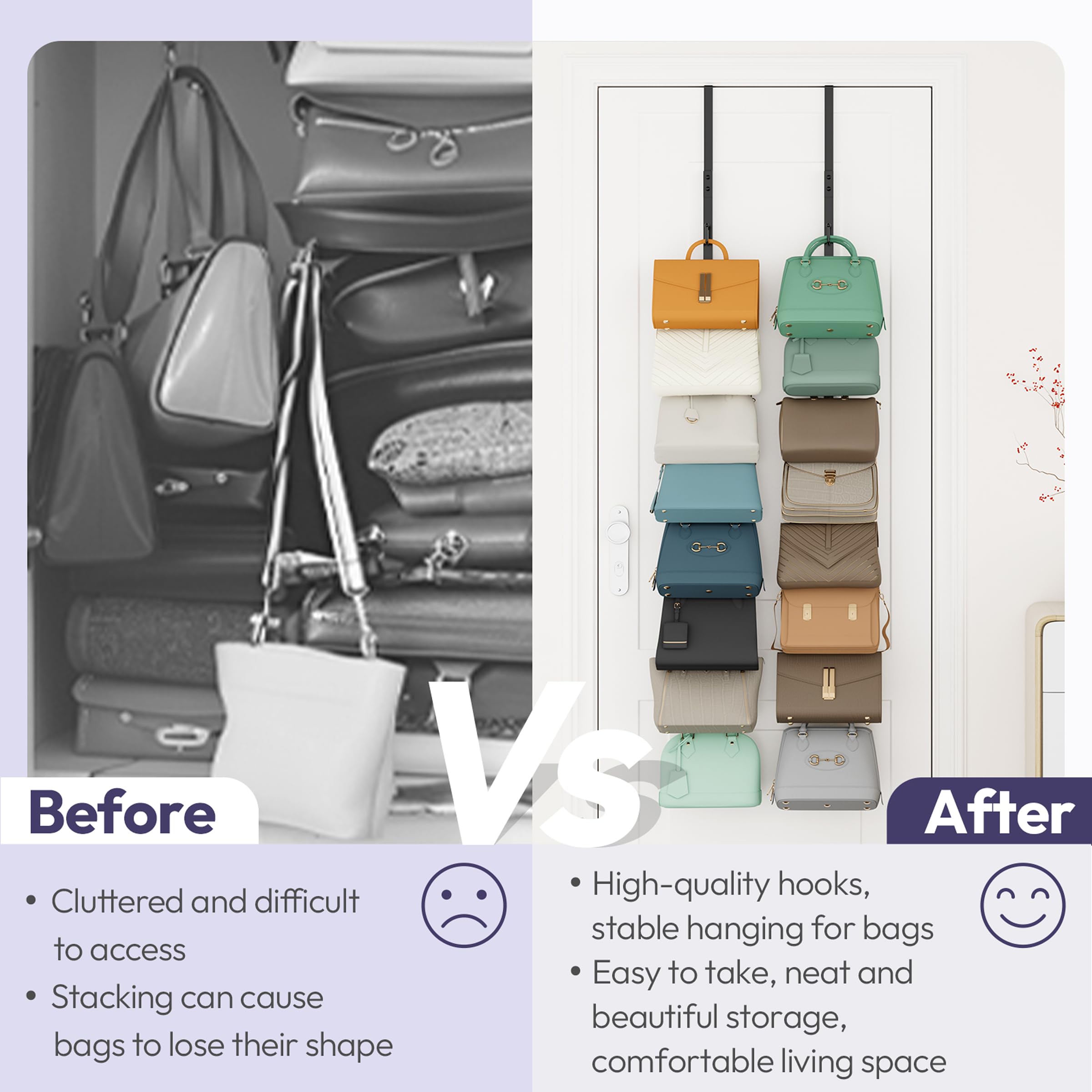 SWTYMIKI purse rack mounted on a door demonstrates space-saving vertical storage.
