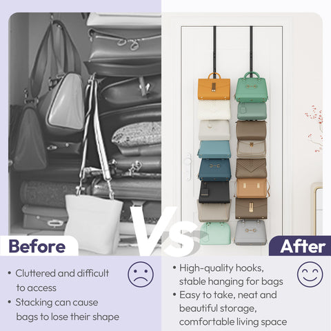 SWTYMIKI purse rack mounted on a door demonstrates space-saving vertical storage.
