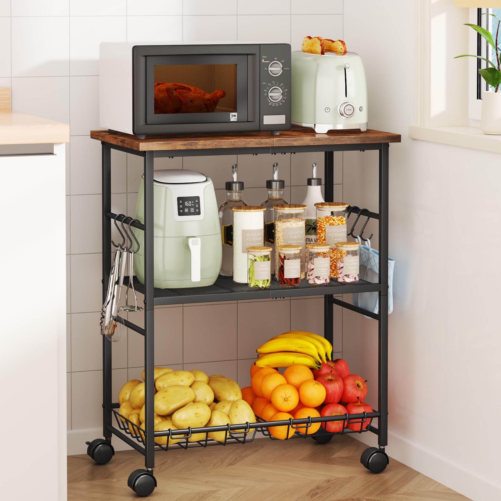 SWTYMIKI rolling kitchen cart side view shows multi-tier storage and mobility.