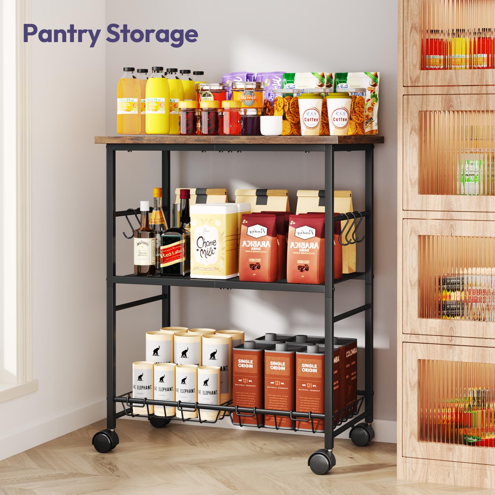 SWTYMIKI rolling kitchen cart spacious shelves for fruits and appliances.