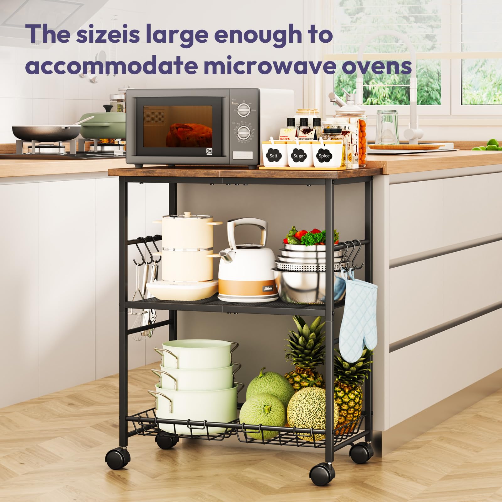 SWTYMIKI cart with storage baskets keeps spices and snacks organized.
