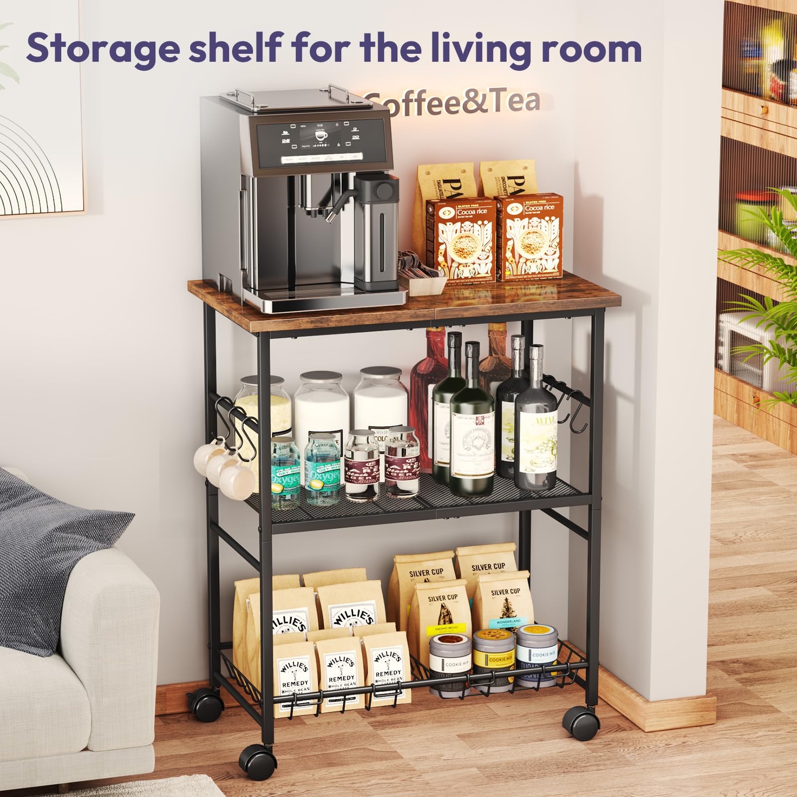 SWTYMIKI cart top surface accommodates microwave or coffee maker for quick access.