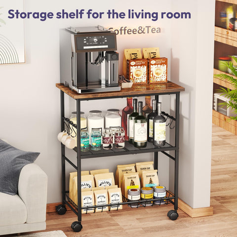 SWTYMIKI cart top surface accommodates microwave or coffee maker for quick access.