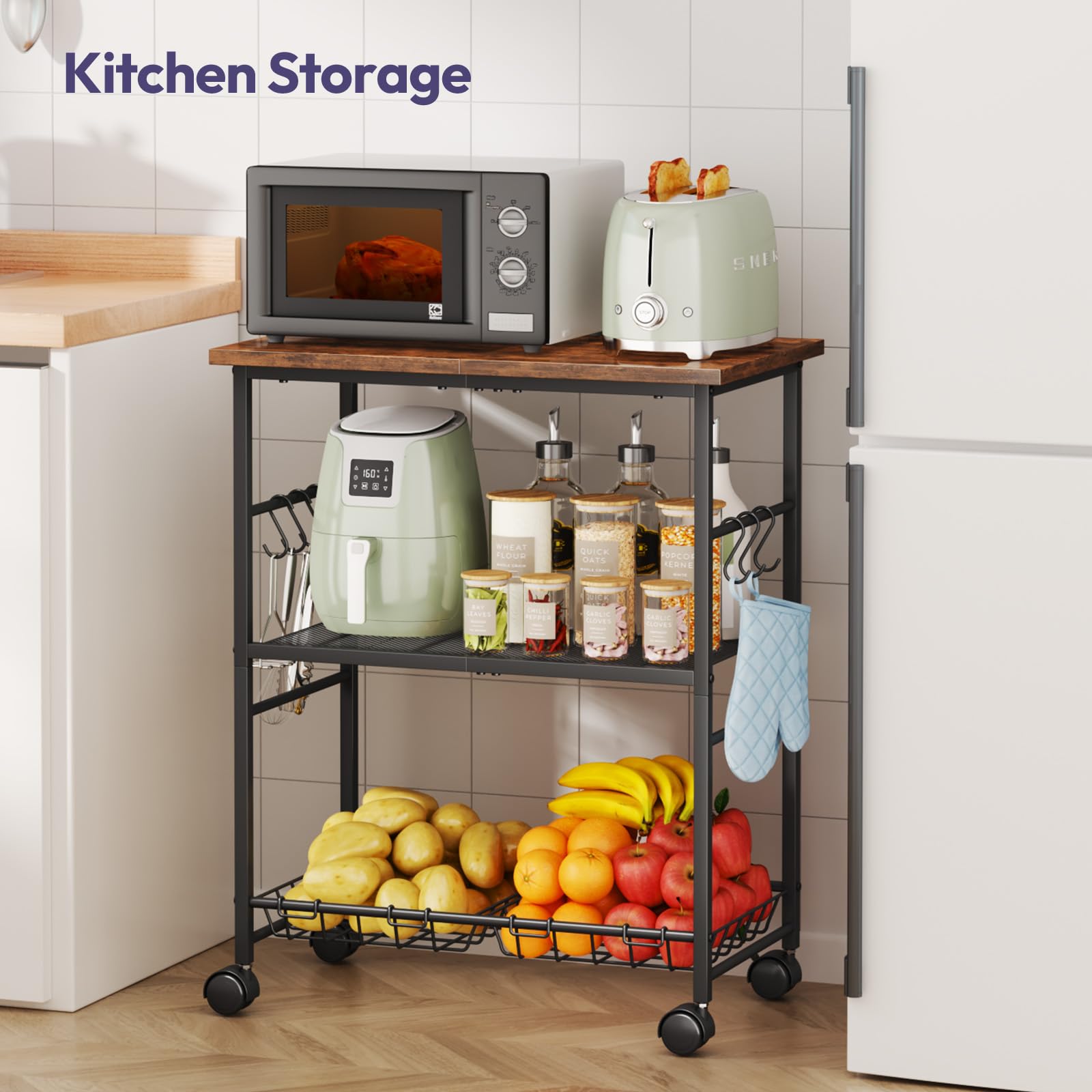 SWTYMIKI rolling kitchen cart wheels enable smooth movement and placement.