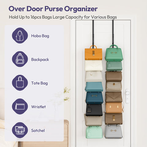 SWTYMIKI wall-mounted purse organizer holds multiple handbags without sagging.